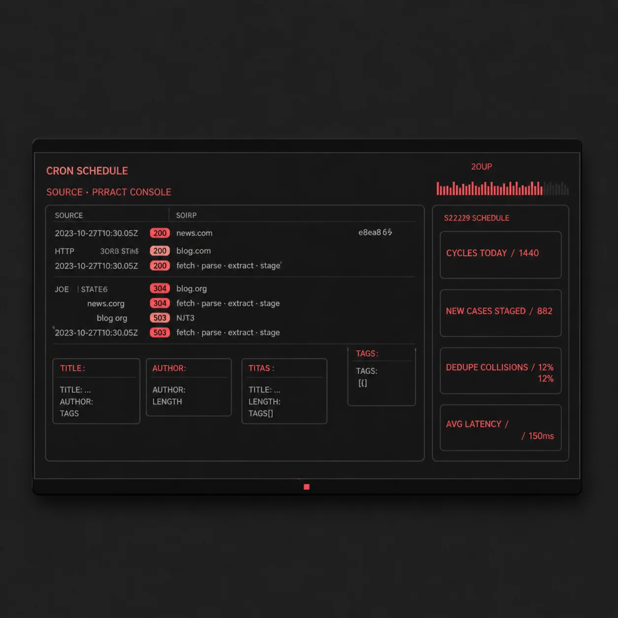 News-crawler console — job feed with extraction status